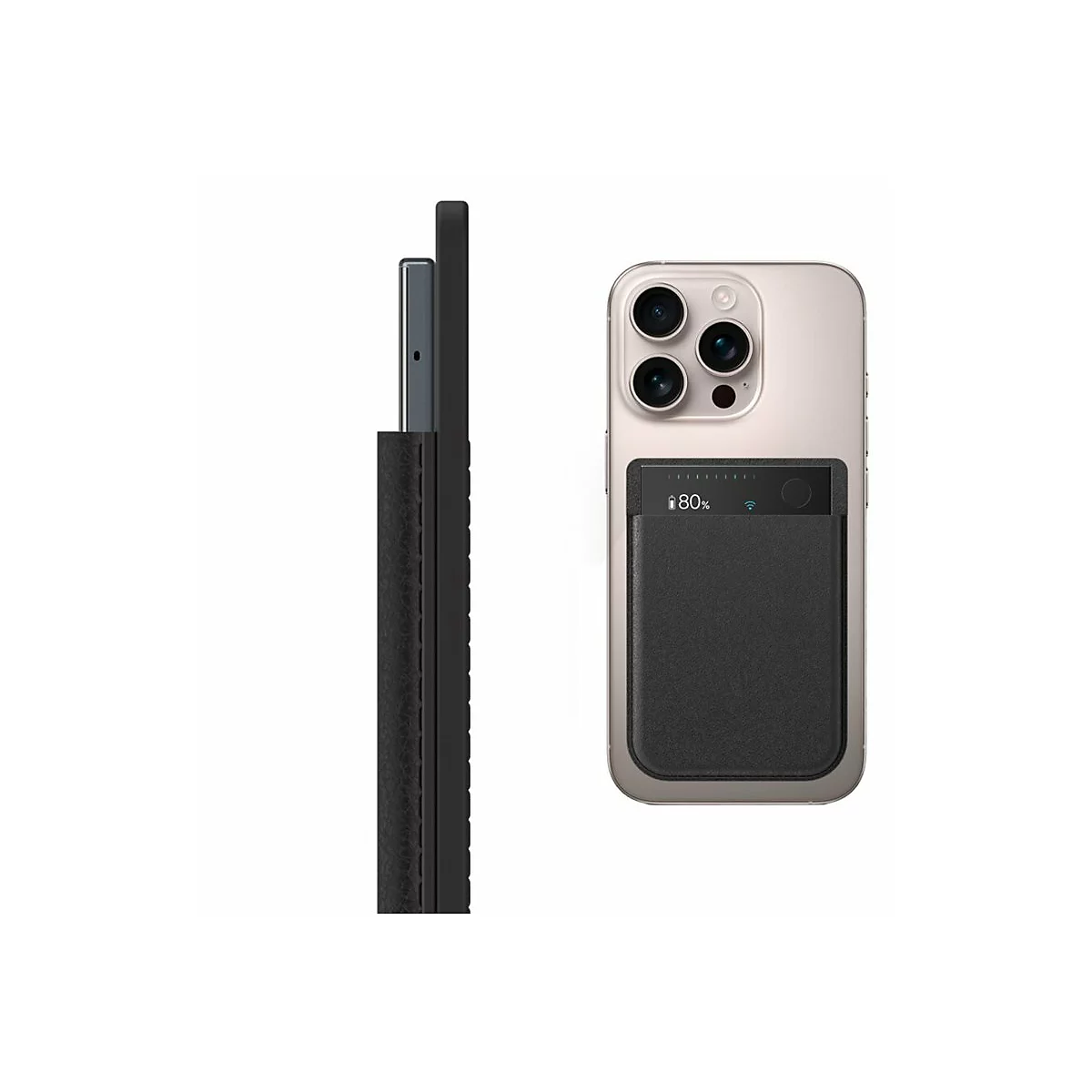 Ein beige Smartphone mit einer schwarzen, magnetischen Powerbank auf der Rückseite, die den Ladestatus anzeigt.