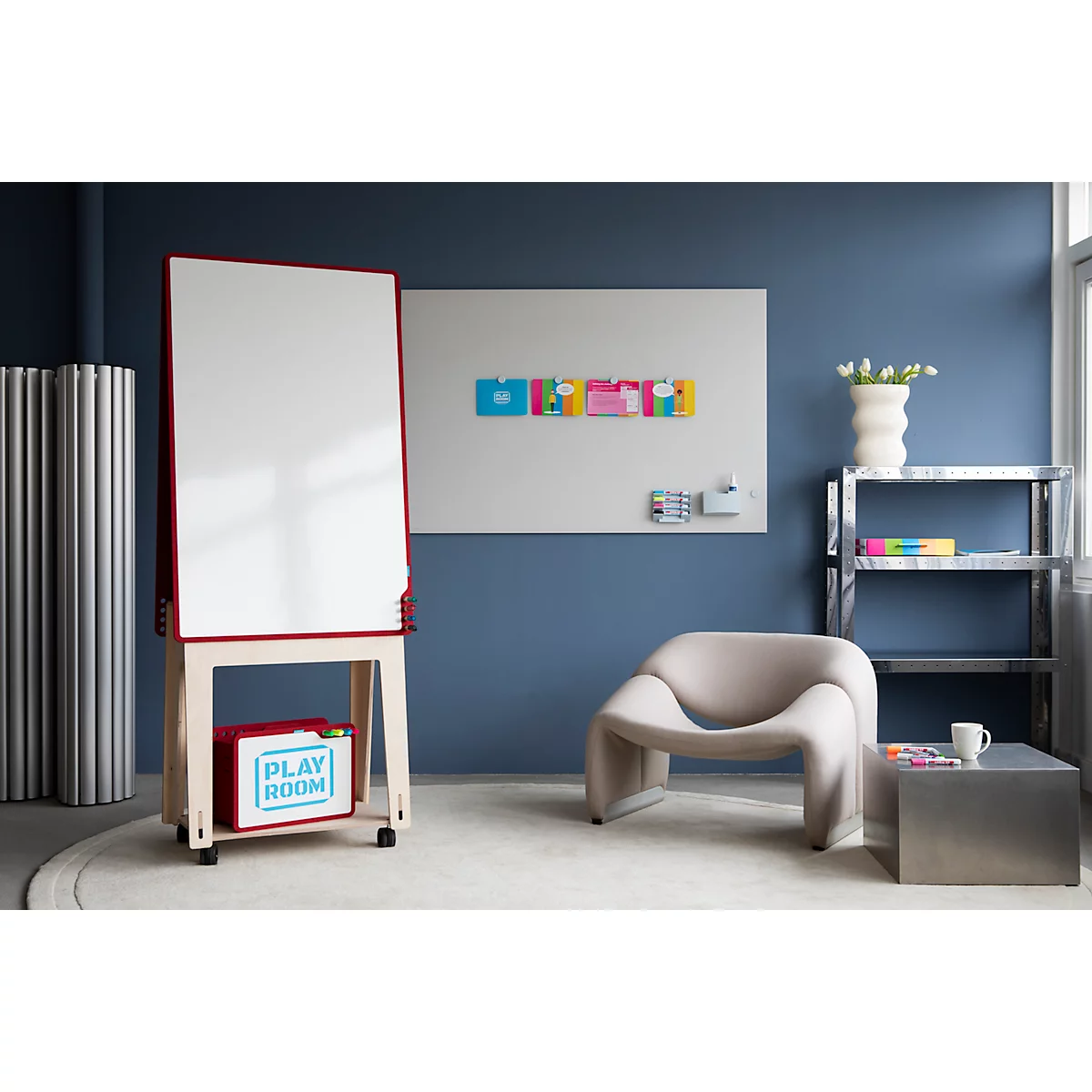 PLAYROOM Tableau blanc PLAYBOARD, acier émaillé e3, blanc, cadre en PET recyclé rouge, l. 750 x H 1180 mm