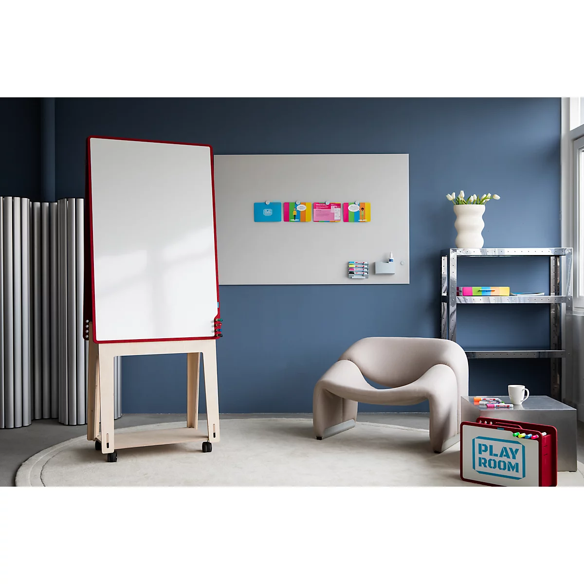 PLAYROOM Tableau blanc PLAYBOARD, acier émaillé e3, blanc, cadre en PET recyclé rouge, l. 750 x H 1180 mm