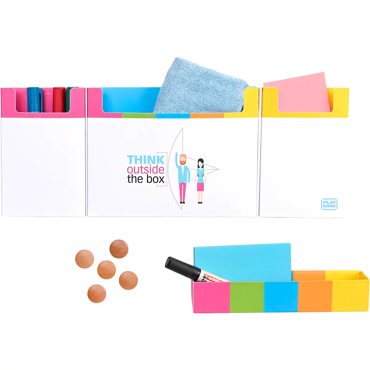 Multi-colored wall mount with pens, sticky notes, sponge, magnets and felt-tip pen. Printed: "THINK outside the box".