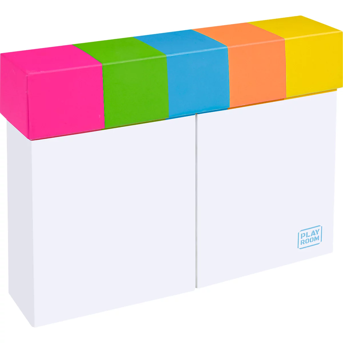 A white toy with colorful blocks. On top, a rectangle with pink, green, blue, orange, and yellow blocks. Below, a white box.
