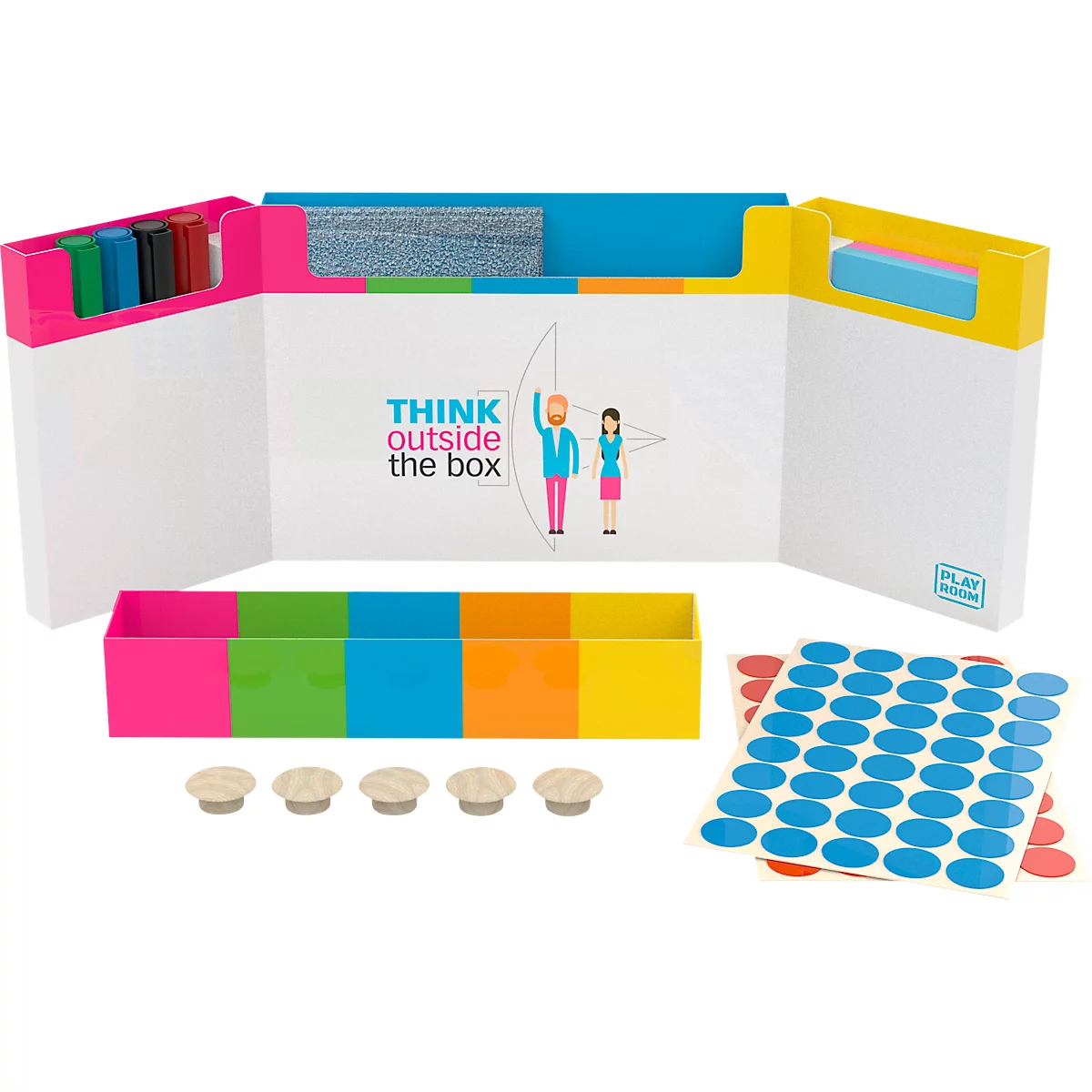 Foldable set with pens, boards, cleaning sponge and coloured stickers. Print: "THINK outside the box".