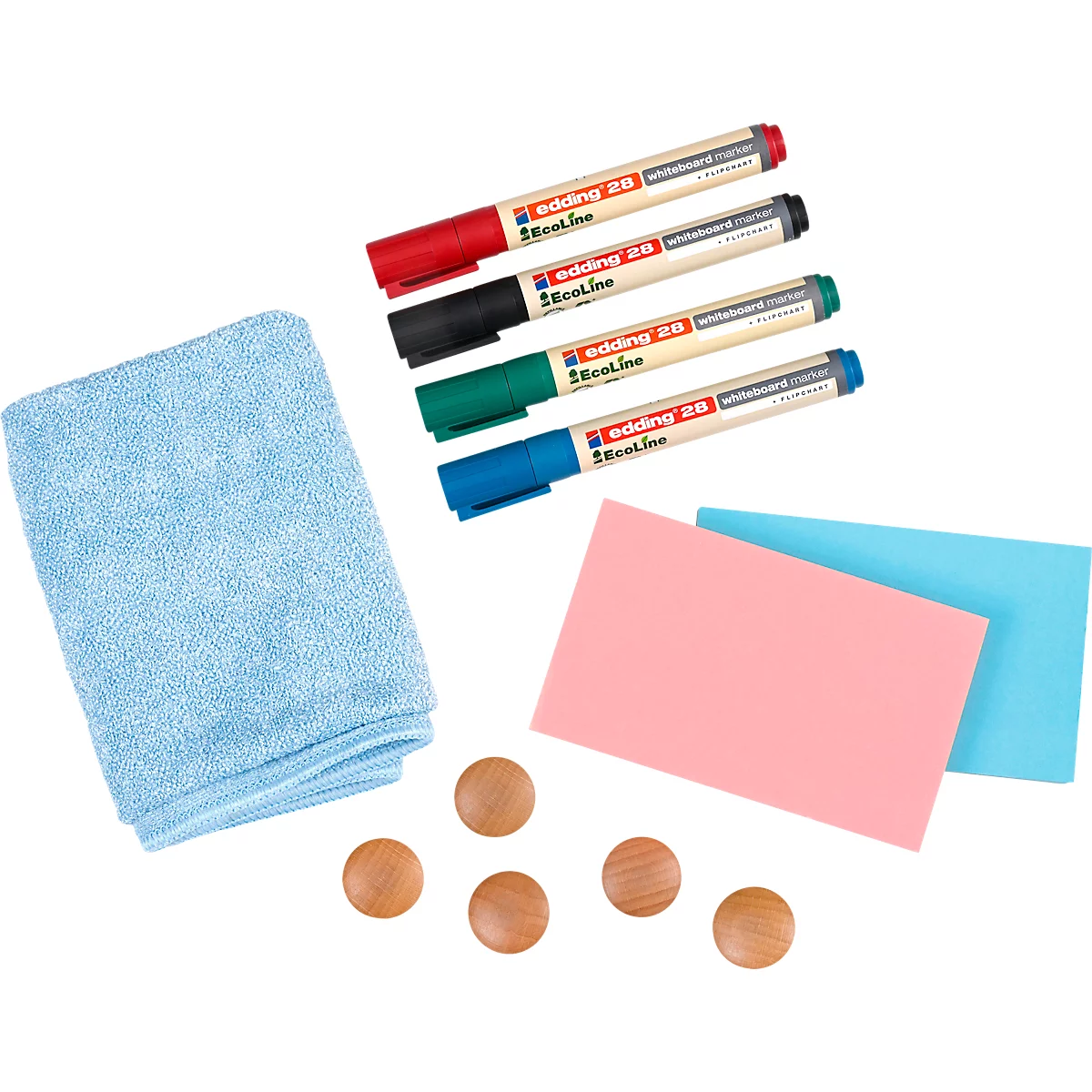 Four different whiteboard markers and accessories: microfiber cloth, sponges and magnets.