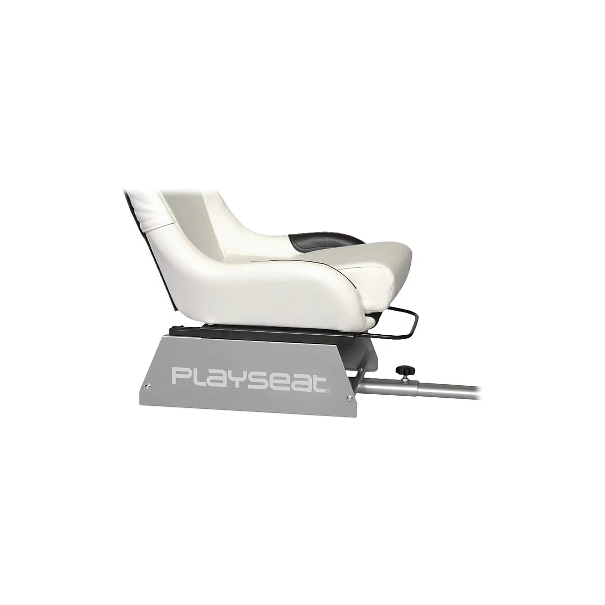 Ein weißer, gepolsterter Spielsitz von Playseat, Seitenansicht. Schwarze und graue Akzente.