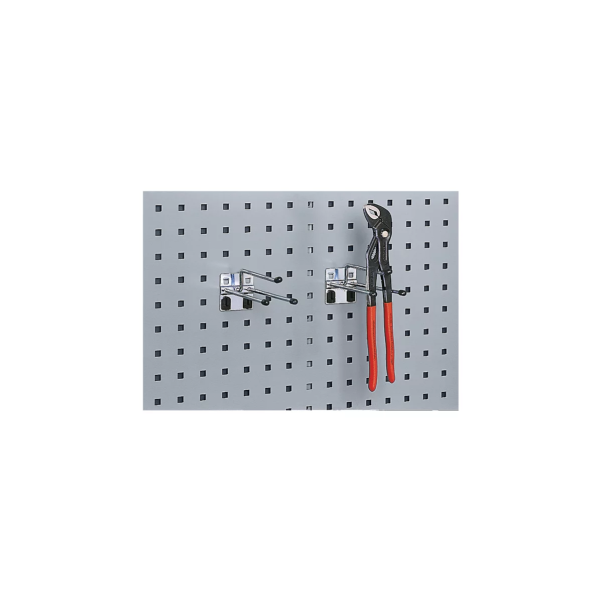 Grey pegboard with metal hooks. Pliers with red handles hang on a hook.