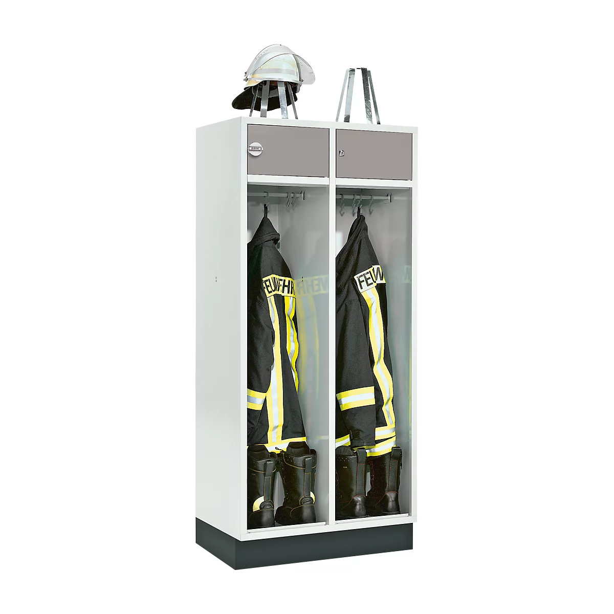 A locker for the fire department with protective clothing, boots and helmet. Two compartments, white with a gray lid. The clothing is black and yellow.