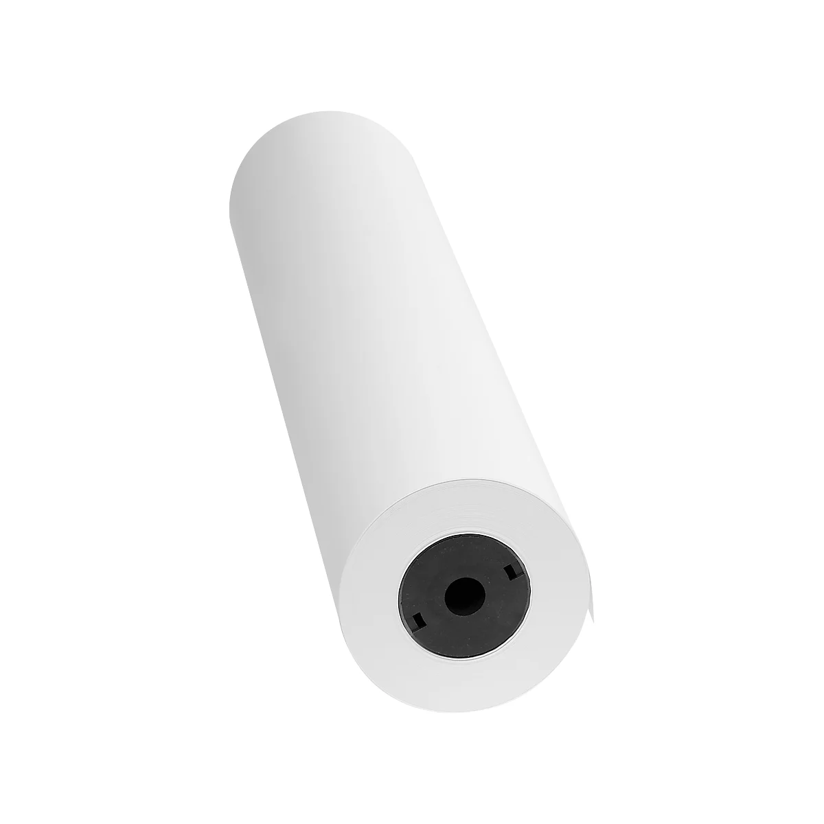 White paper roll, black core. Roll lies slightly oblique.