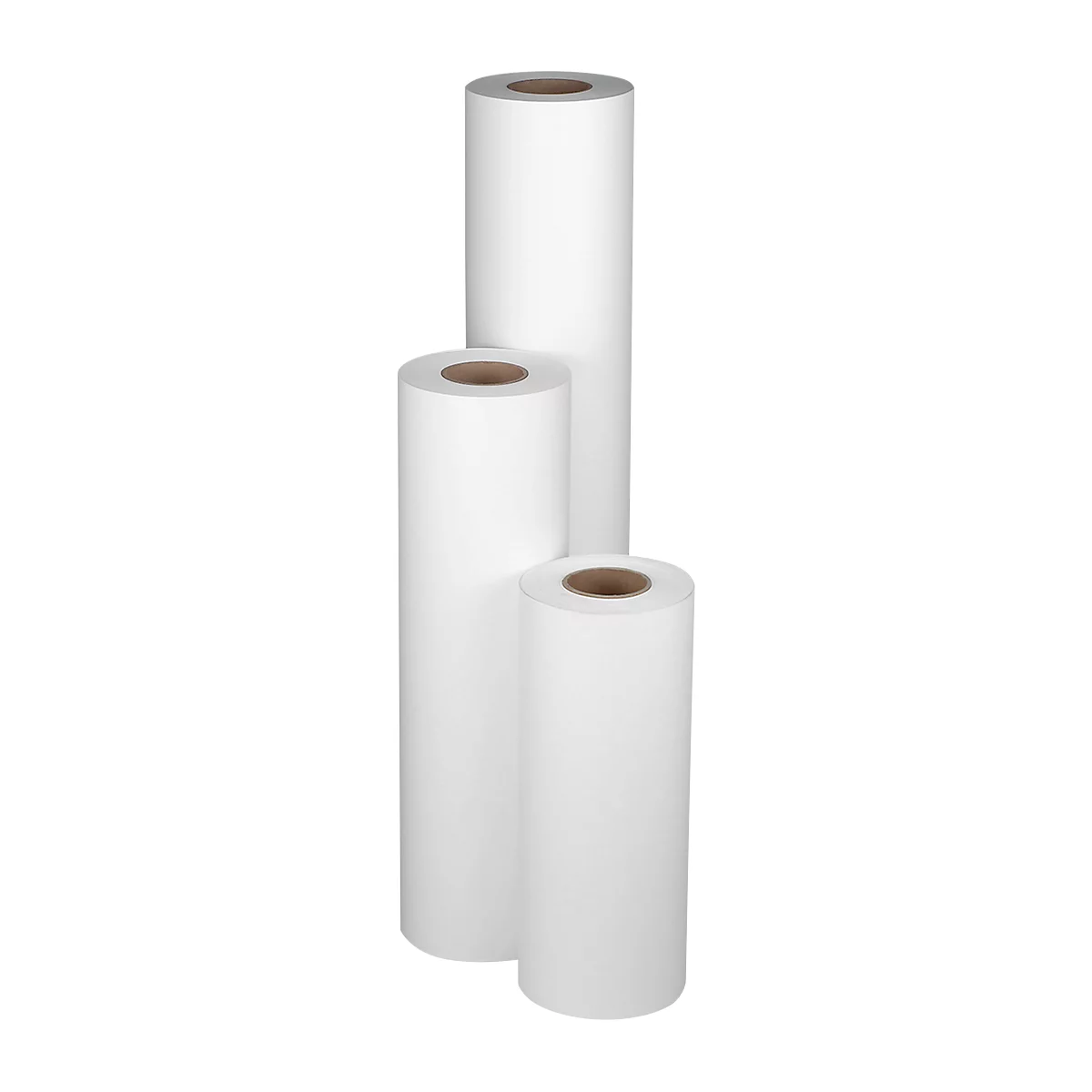 Three paper rolls, white, of different sizes, standing in front of a white background.