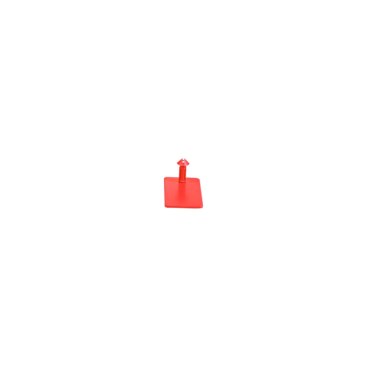 Red plastic clip, square base, cylindrical shaft with a pointed top.