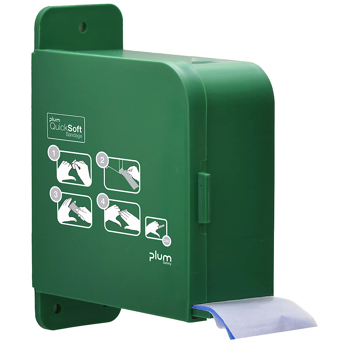 Grüne Pflasterbox mit Anweisungen und Markenlogo.