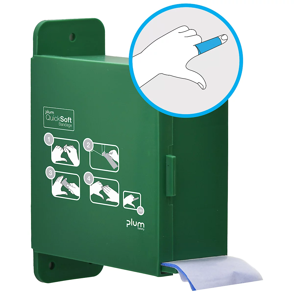 Grüner Pflasterspender mit Bedienungsanleitung. Inset zeigt Finger mit Pflaster. Marke: Plum QuickSoft.