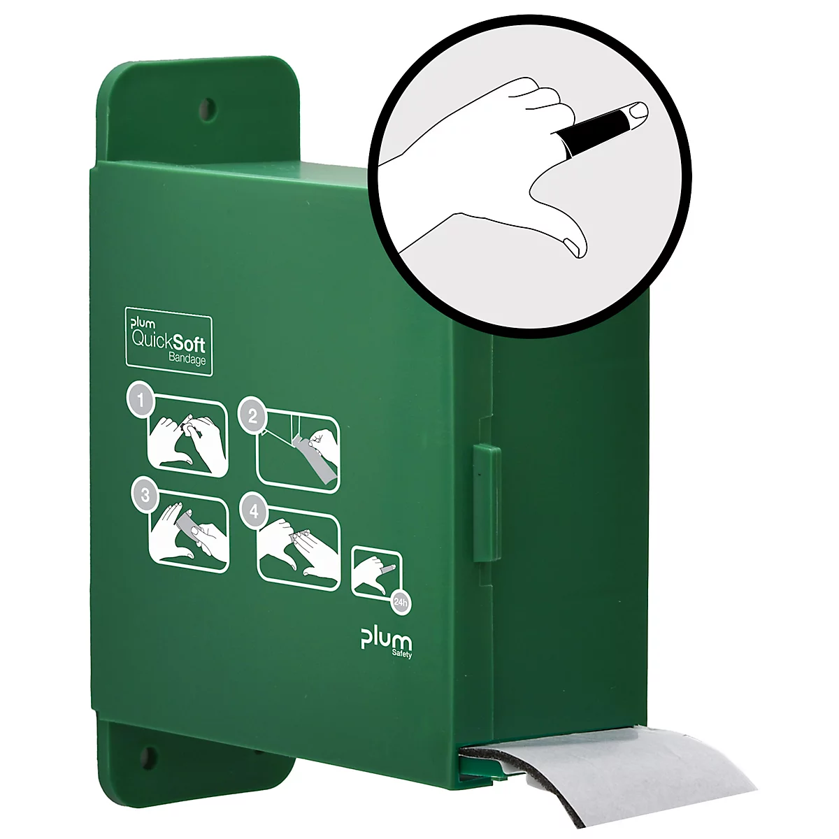 Grüne QuickSoft Pflasterbox mit Anwendungsbeispielen und Detailansicht einer bepflasterten Fingerspitze.