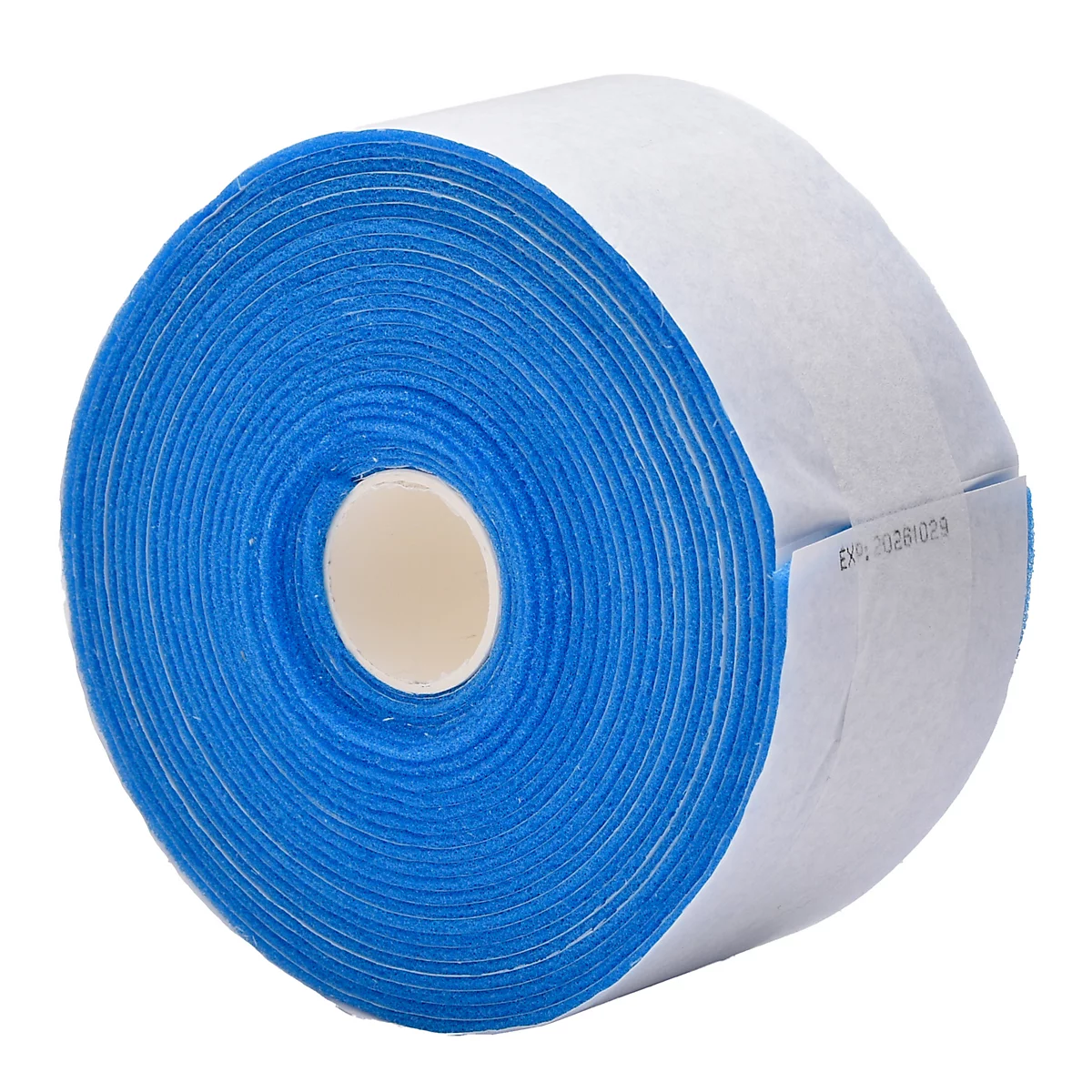 Eine Rolle blau-weißes Verbandsmaterial, detailreich. Die Rolle zeigt die Textur und die Schichtung des Materials.