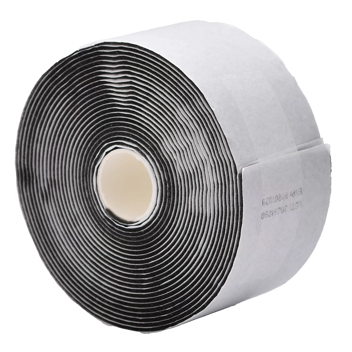 Opgerolde klittenband, zwart en wit, op een witte achtergrond. Tekst op het papier.