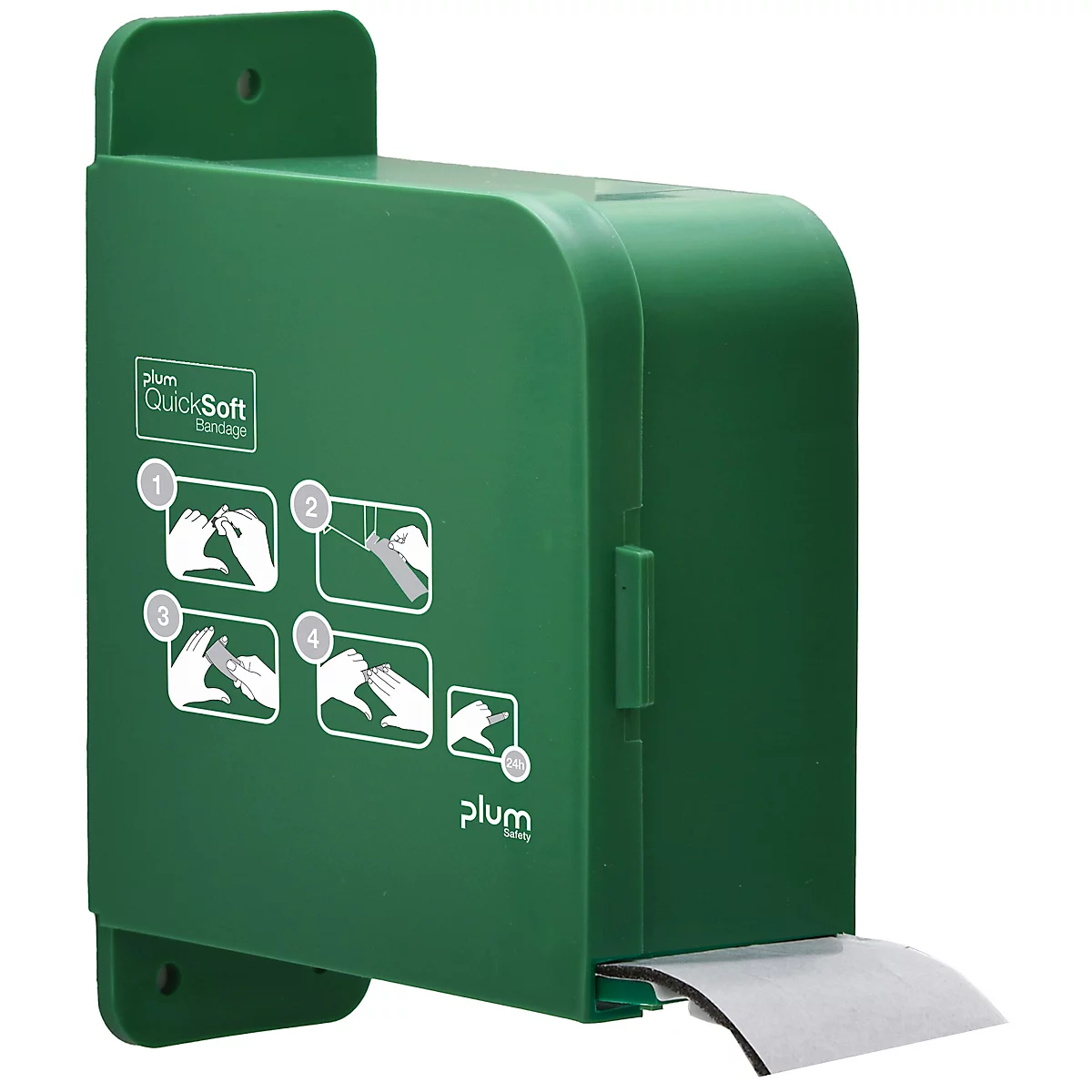 Groene pleisterdispenser, aan de zijkant gemonteerd, met instructies. Merk Plum QuickSoft. Enkele pleisters zijn zichtbaar.