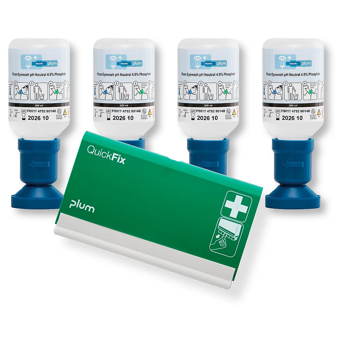 Vier flessen oogspoeling, plus een groene EHBO-kit met de woorden QuickFix en Plum.