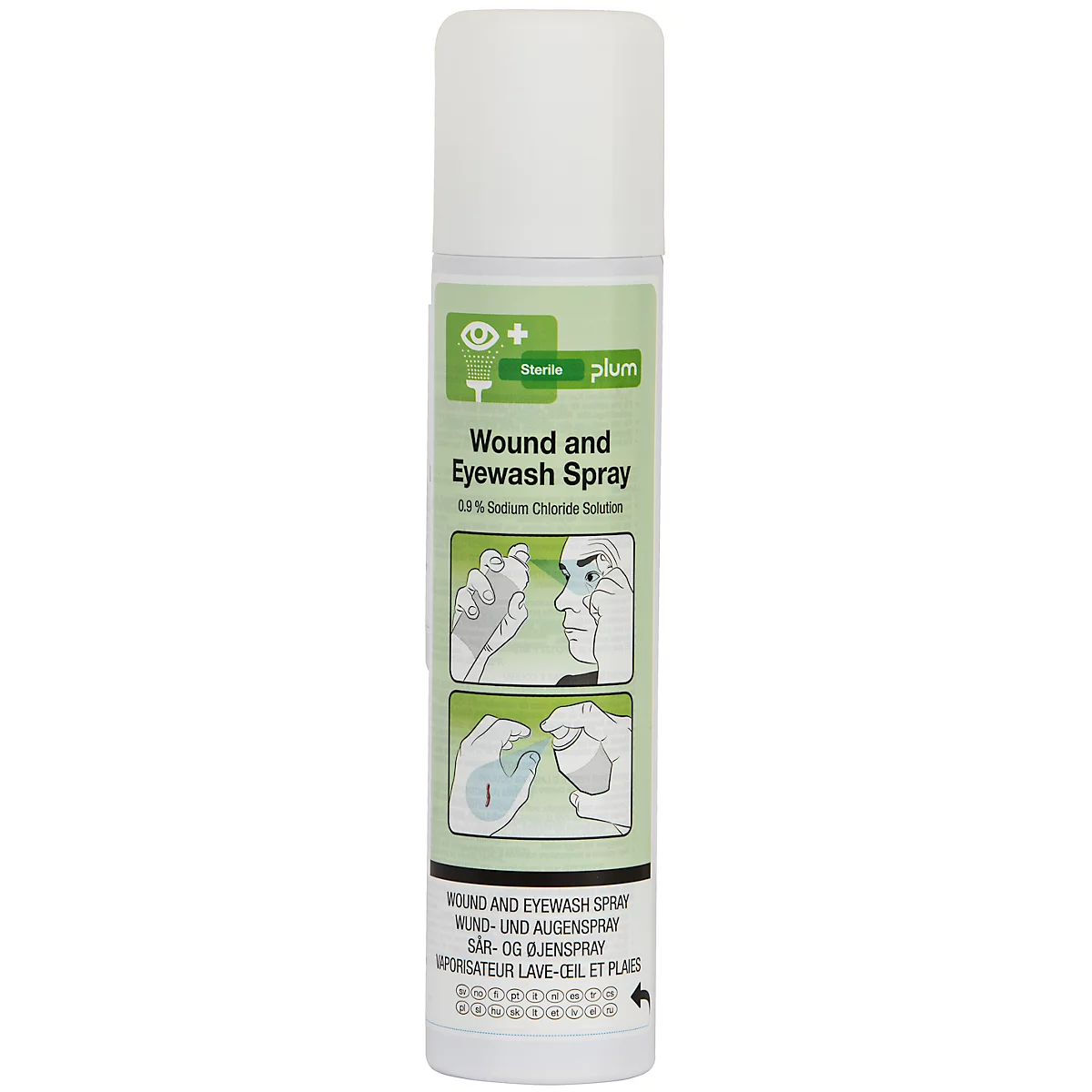 Weiß-grüne Sprühflasche mit "Wound and Eyewash Spray" und Piktogrammen. Die Flasche zeigt Anwendungsbeispiele.