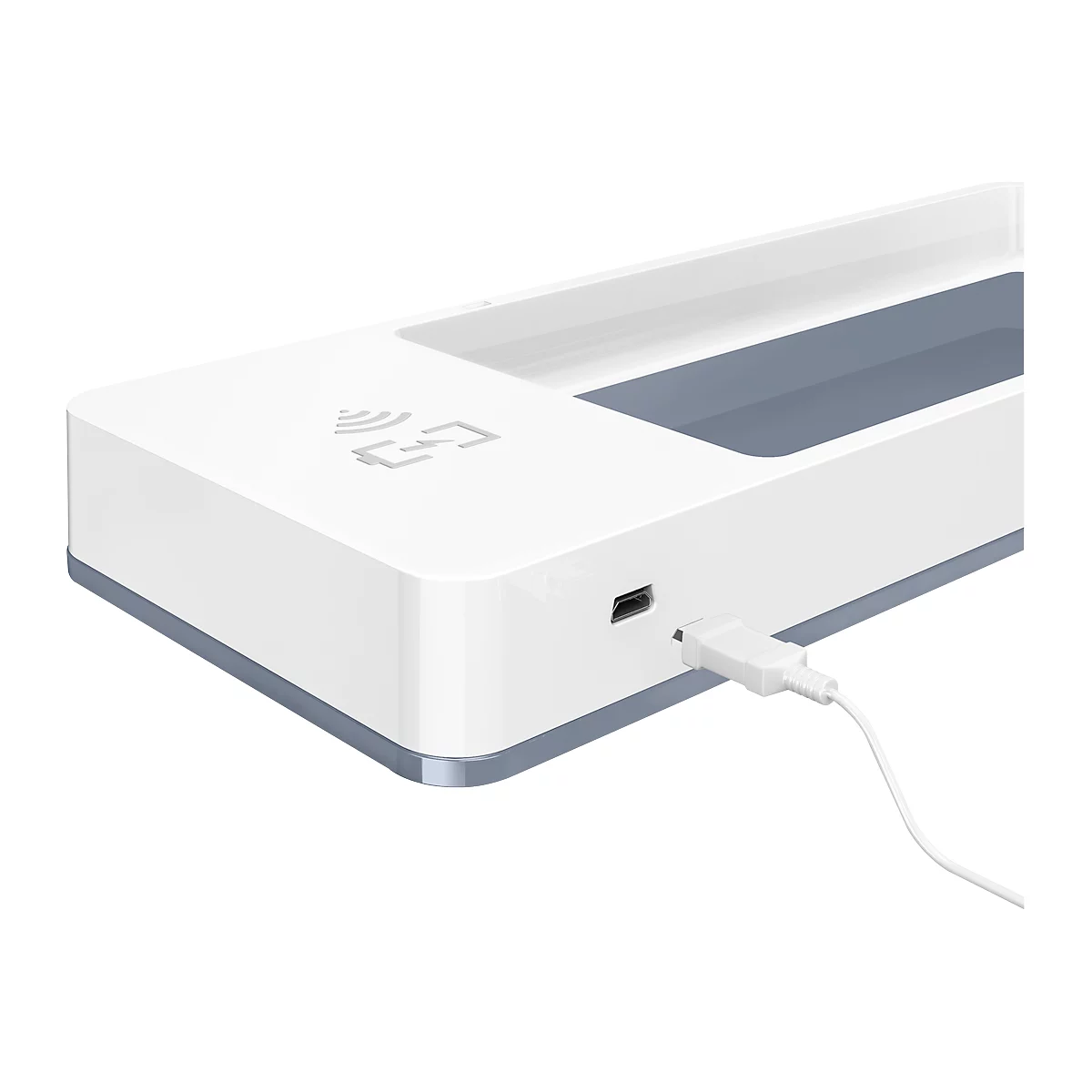 Gros plan d'un chargeur blanc avec un câble USB. Un symbole de chargement sans fil est représenté.