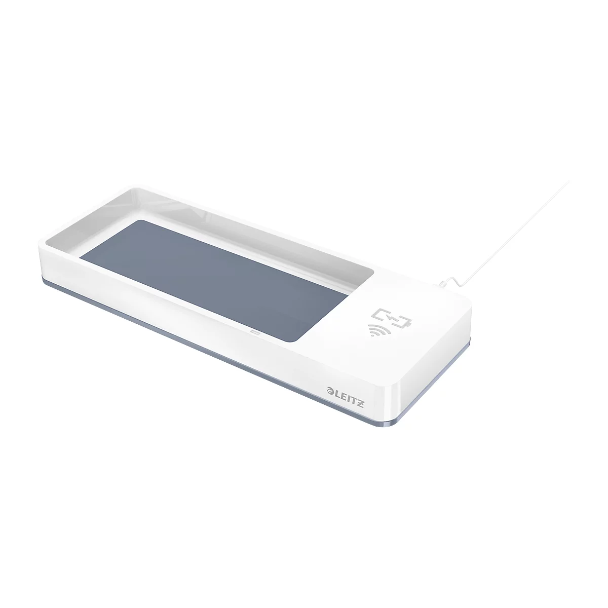 Appareil rectangulaire blanc avec surface grise et antenne. Ouvert en haut. Lettrage LEITZ.