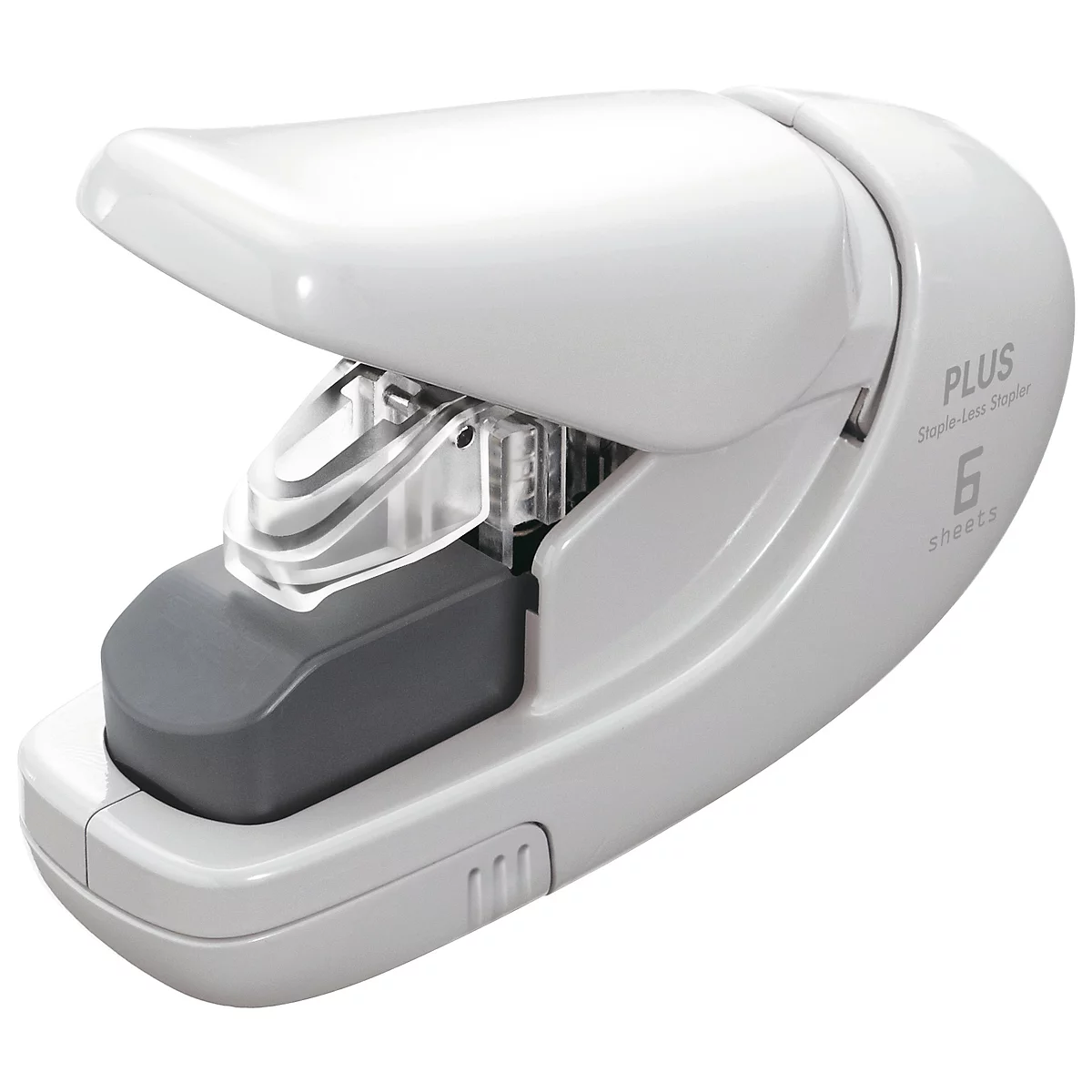 Witte nietmachine met grijs onderstuk en transparant deel. Opschrift: PLUS.