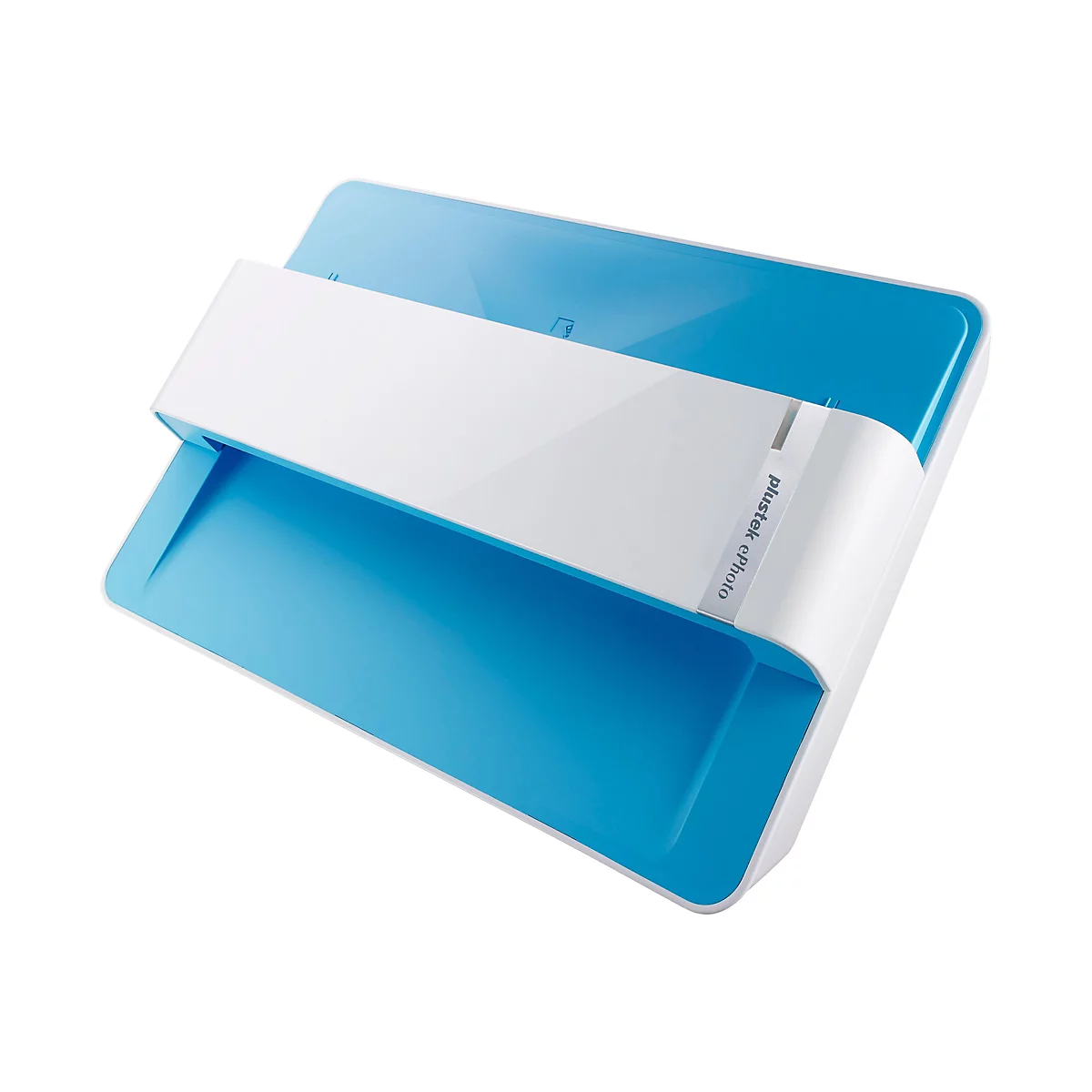 Blau-weiÃŸer Scanner, plustek OptiPhoto-Schriftzug. Das GerÃ¤t hat eine futuristische Form.