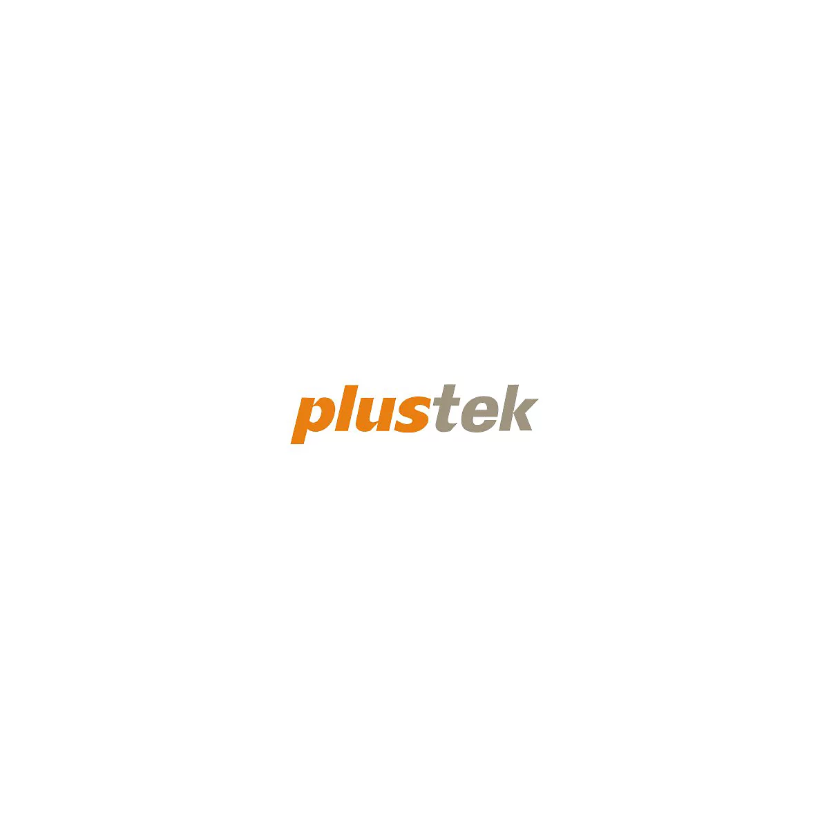 Das orange-graue Logo des Unternehmens Plustek in kursiver Schrift auf weißem Hintergrund.