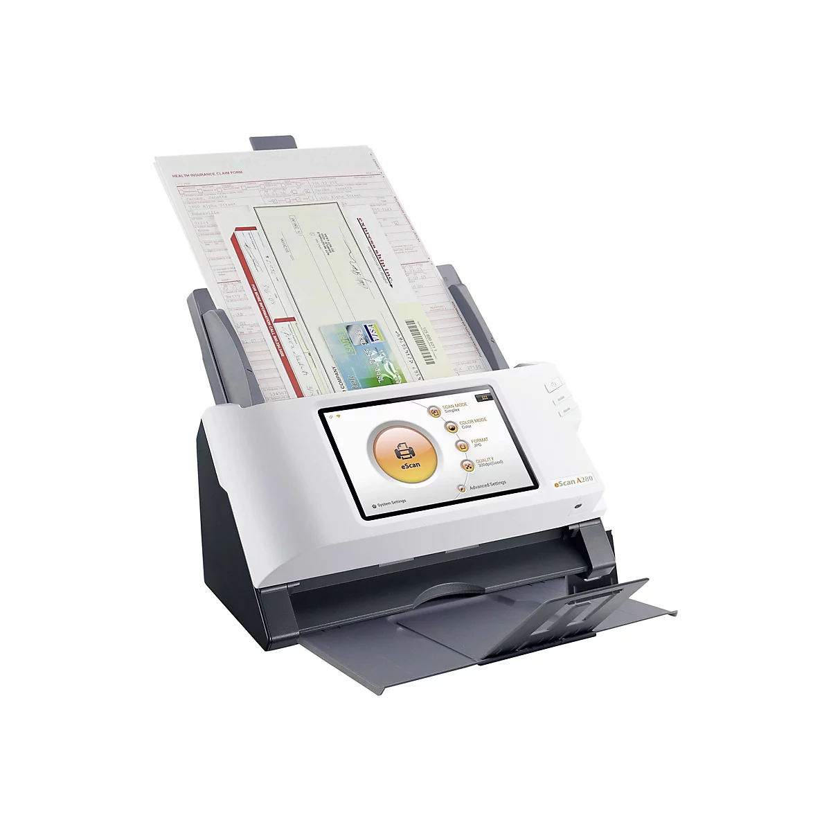 Ein weißer eScan A280 Scanner, der ein Dokument einzieht. Auf dem Touchscreen wird das Logo eScan angezeigt. Daneben befinden sich Scan-Einstellungen. Der Scanner enthält ein Gesundheitsversicherungsformular.