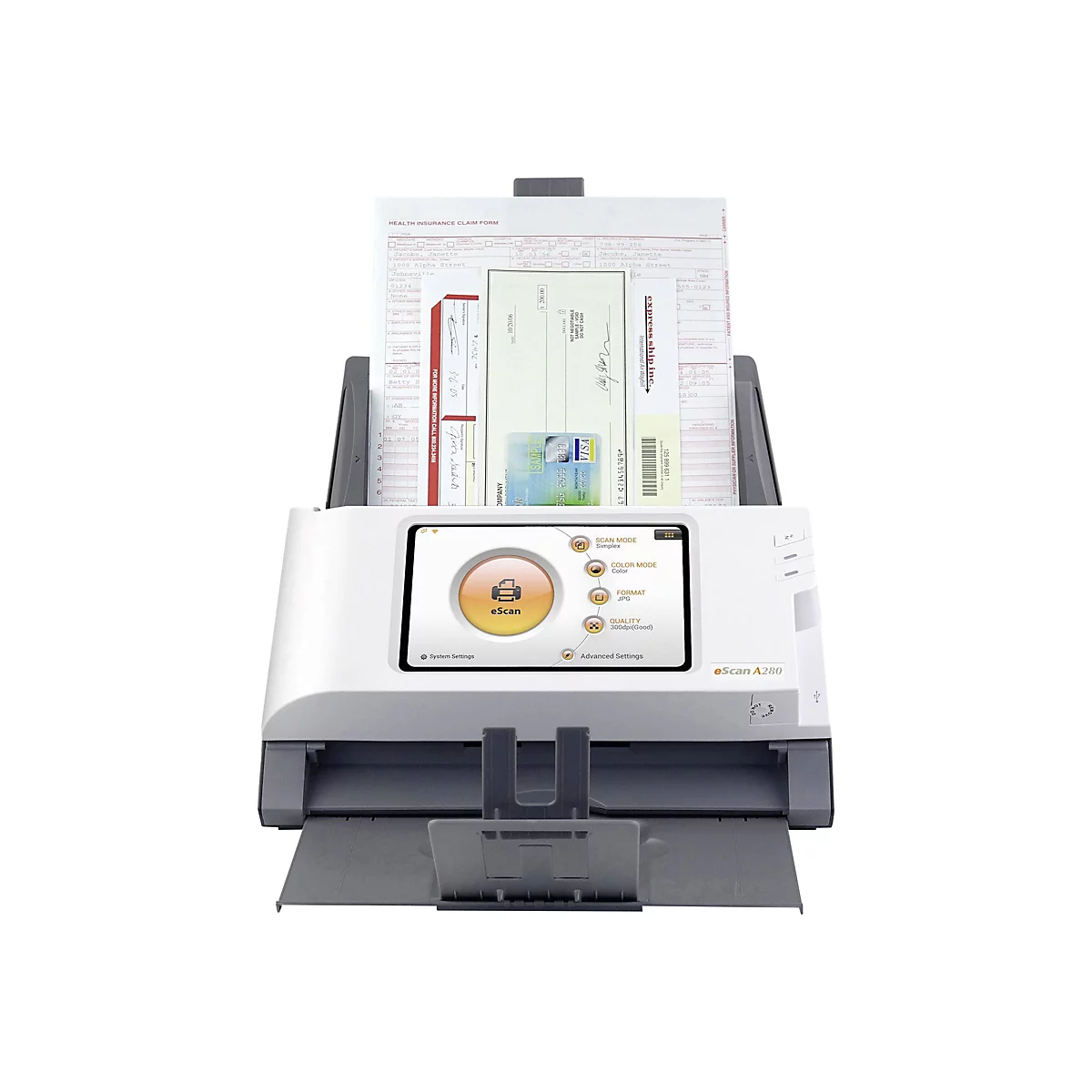 Ein weißer eScan A280 Scanner, in den ein Formular und ein Scheck eingelegt sind. Auf dem Display werden Scan-Einstellungen angezeigt.