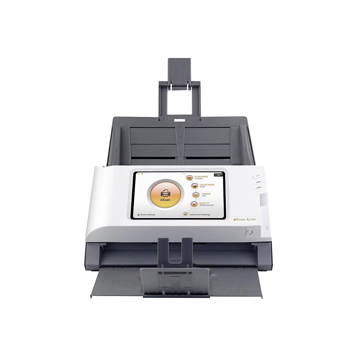 Ein grauer und weißer Dokumentenscanner mit Bedienfeld, auf dem Optionen wie Scanmodus und Format angezeigt werden.