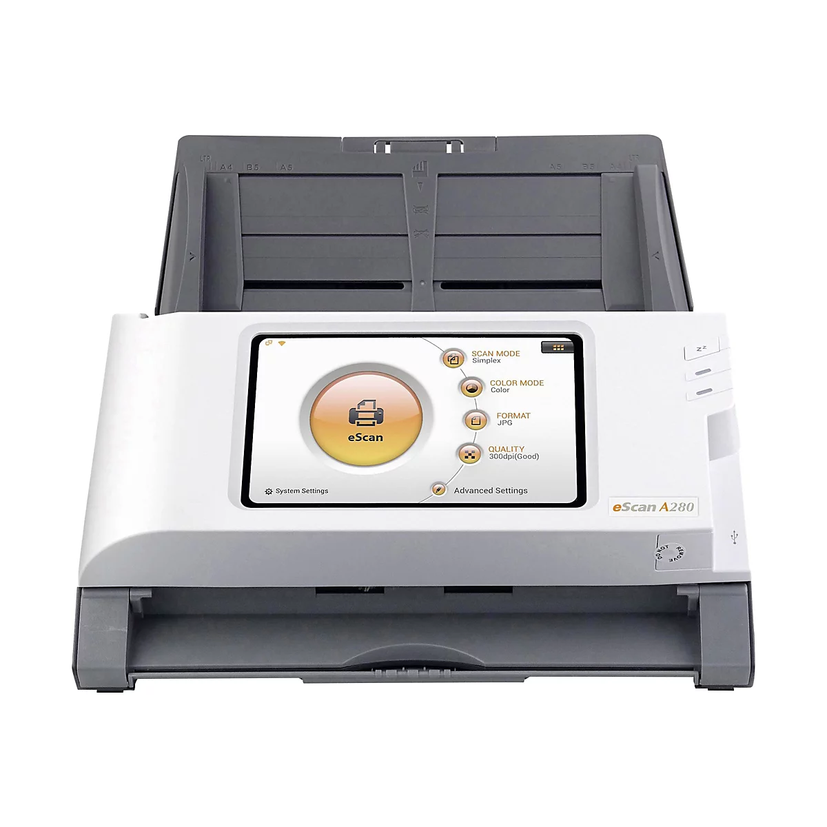 Ein weiÃŸ-grauer Scanner mit Touchscreen. Auf dem Bildschirm befindet sich ein gelber Kreis mit einem Drucker-Symbol und dem Schriftzug eScan.
