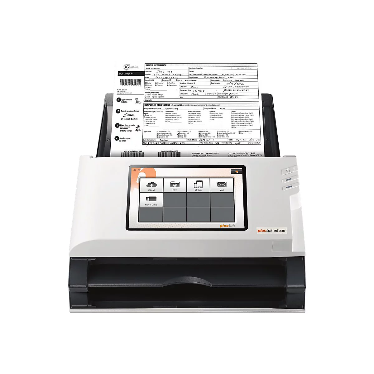Weißer Scanner mit eingelegtem Formular. Auf dem Display sind Symbole für Cloud, FTP, Flash Drive, Mobile und Mail zu sehen.