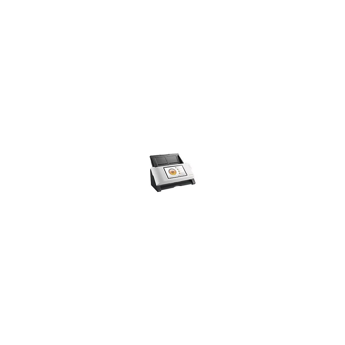 WeiÃŸer Scanner mit Touchscreen, der ein MenÃ¼ anzeigt.