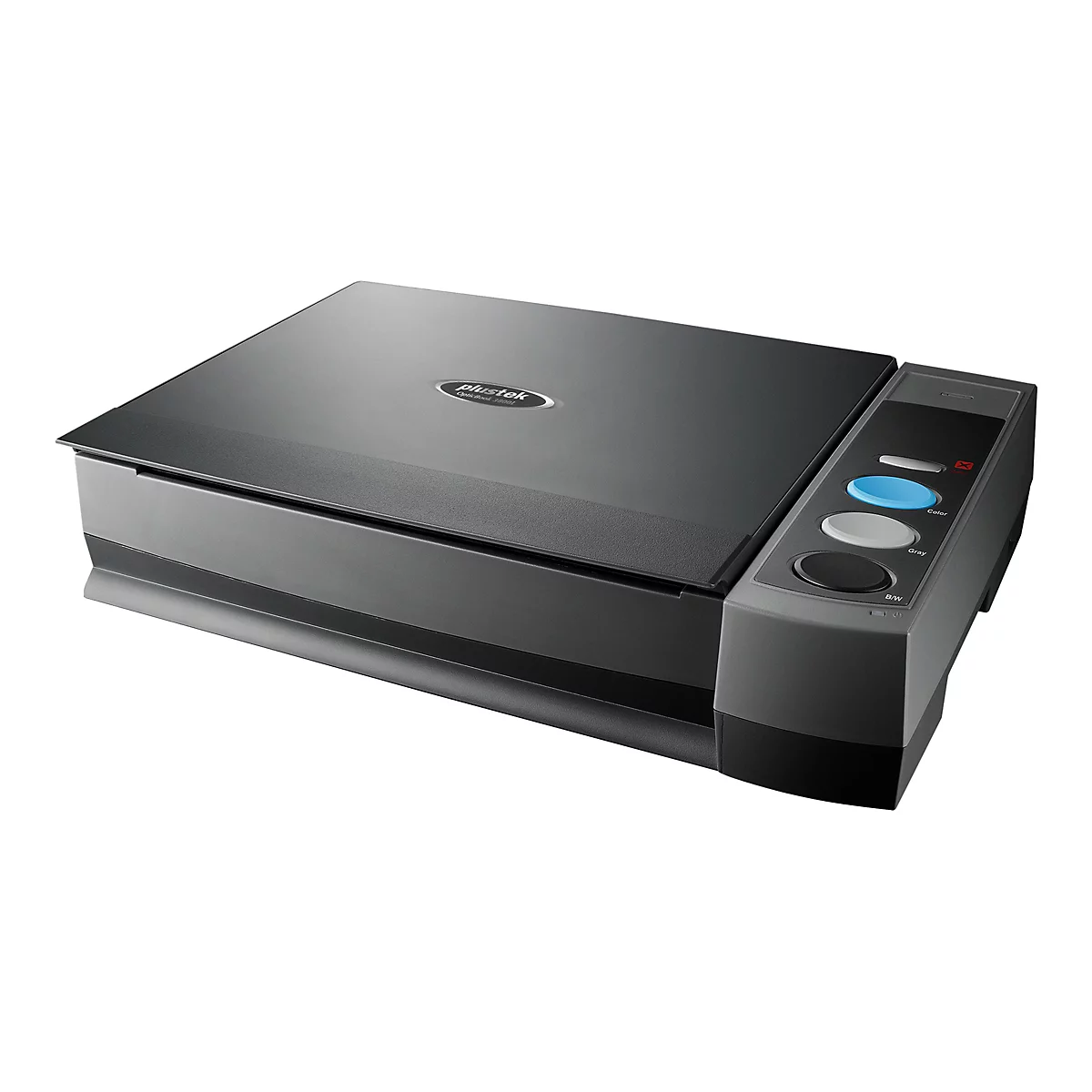 Ein schwarzer Flachbettscanner, plus einen grauen Kontrollbereich mit Knöpfen.