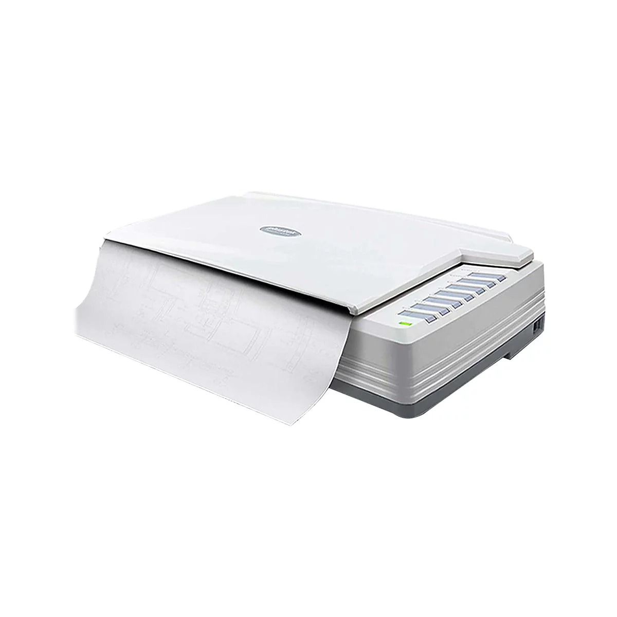 Ein weiÃŸer Flachbettscanner mit einem Blatt Papier, das aus ihm herausragt.