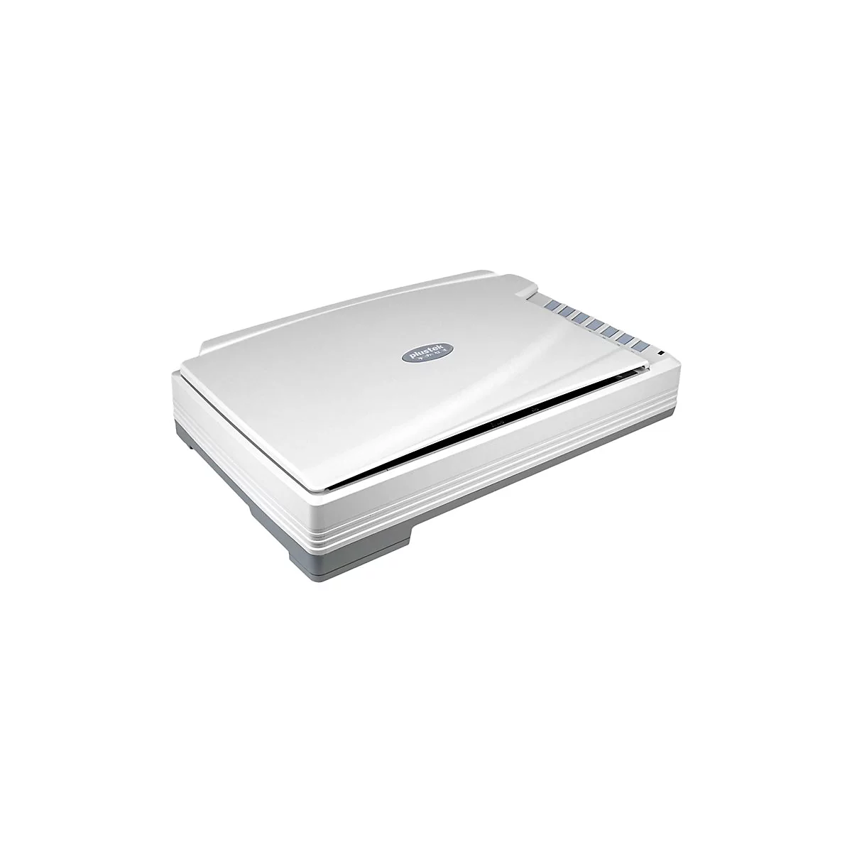 WeiÃŸer Flachbettscanner. Deckel leicht geÃ¶ffnet, blaue Logos sichtbar. Graue Akzente.