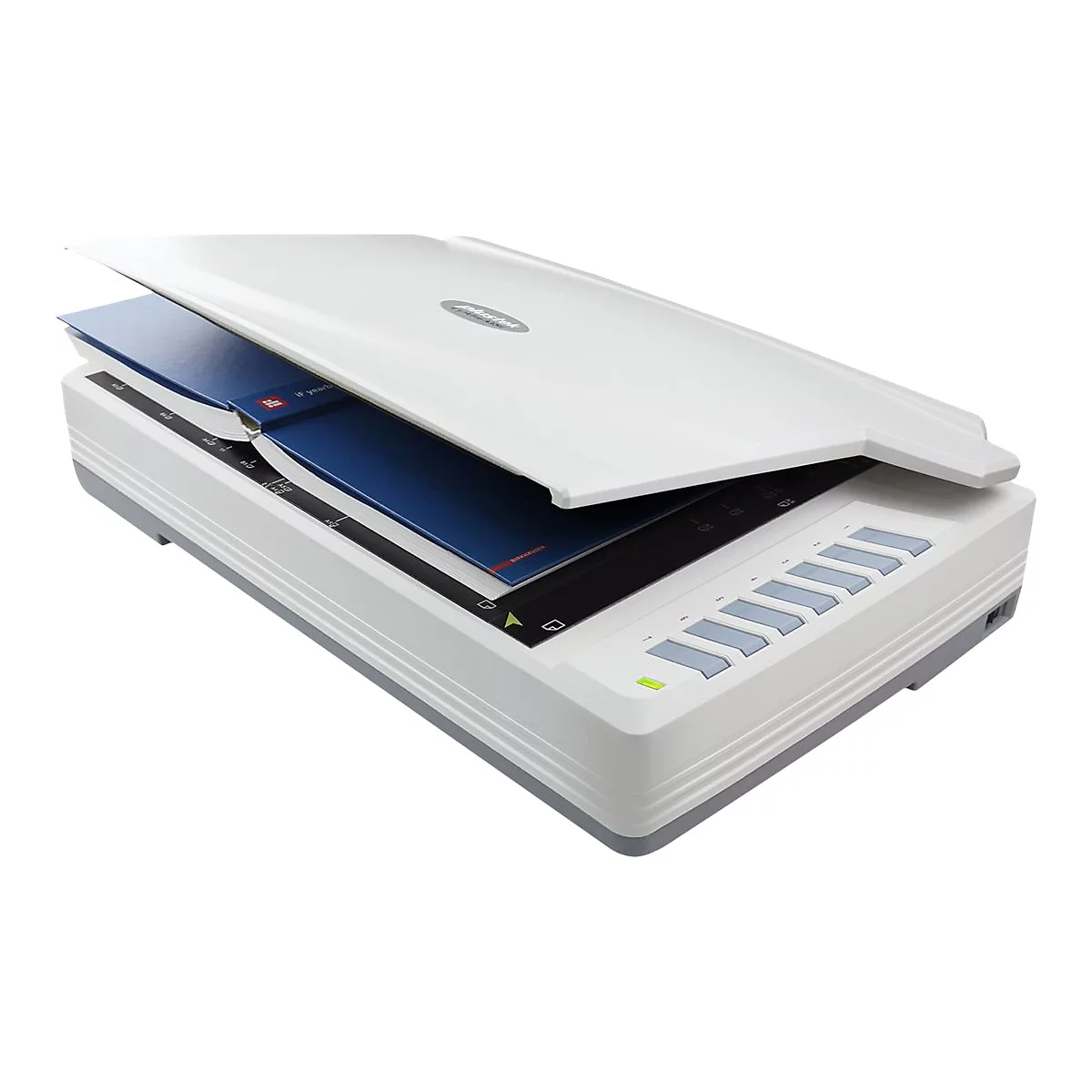 Ein weißer Flachbettscanner mit geöffnetem Deckel. Ein Buch liegt im Inneren. Der Scanner hat Bedientasten.