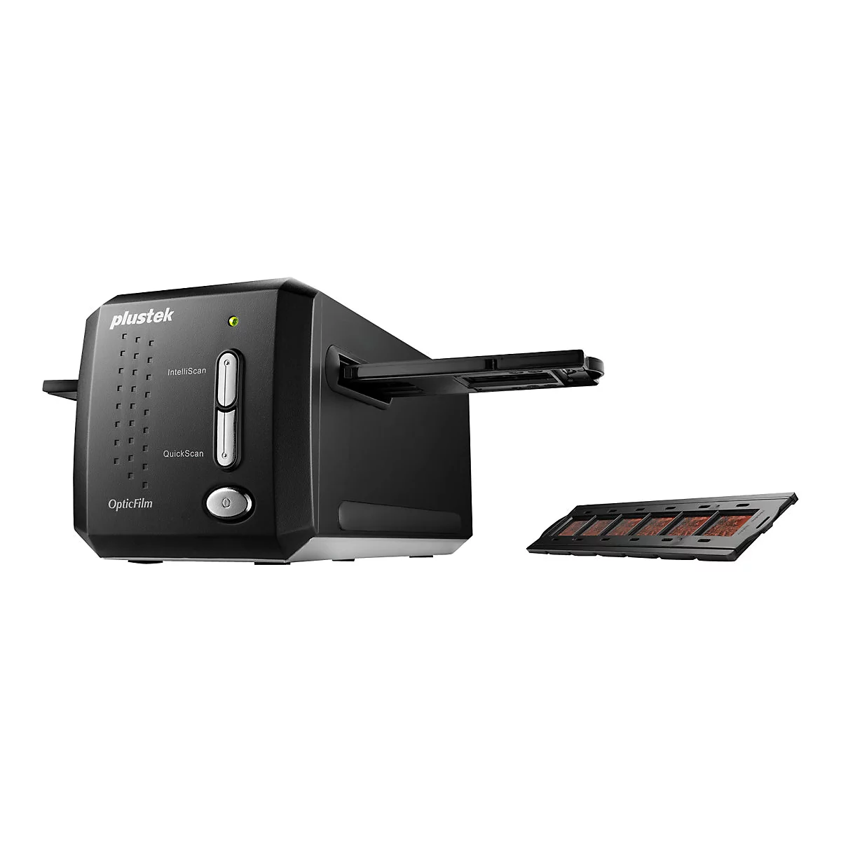 Schwarzer Filmscanner mit Text "plusTek OpticFilm" und Dias.