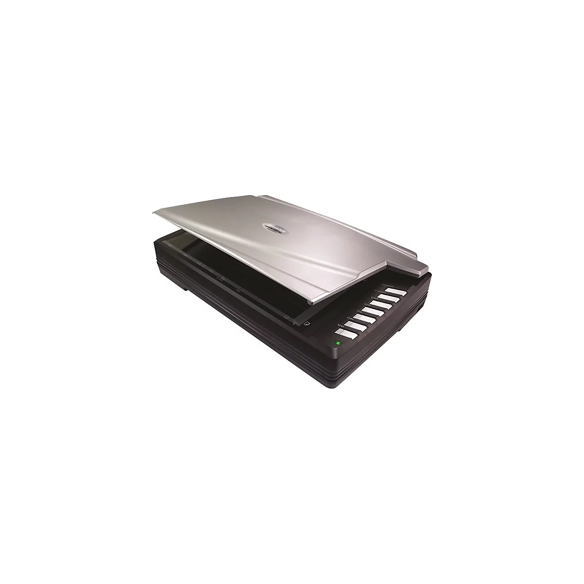 Ein grauer Scanner mit geöffnetem Deckel, darauf befinden sich Tasten und eine grüne Leuchte.