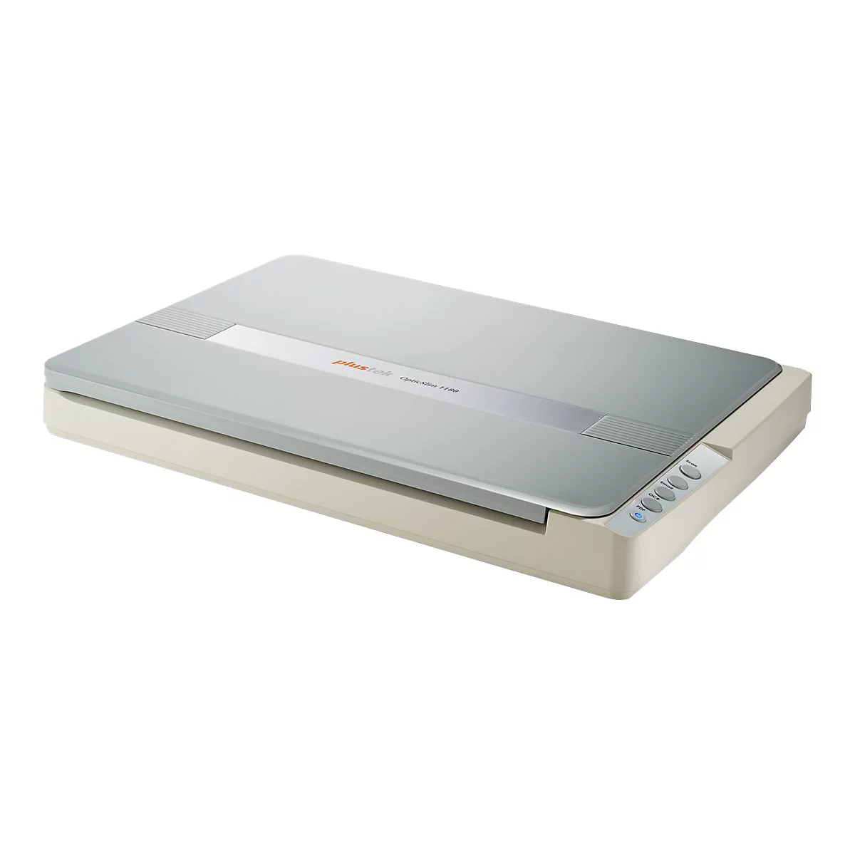 Flacher, silber-beiger Plustek OpticSlim 1180 Scanner in einer perspektivischen Ansicht.