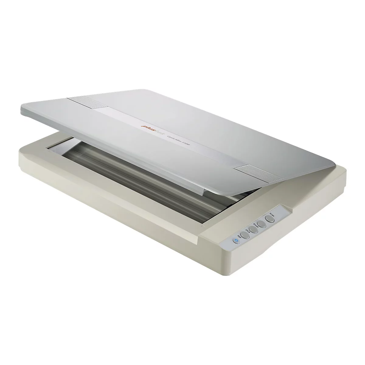Flachbettscanner in hellem Grau mit geöffneter Abdeckung auf weißem Hintergrund.