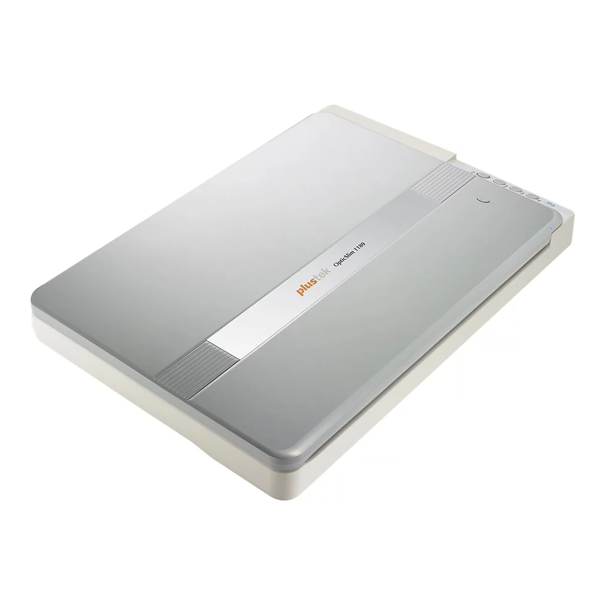 Flacher, silber-weißer Plustek OpticSlim 1180 Flachbettscanner in Perspektivansicht auf weißem Hintergrund.