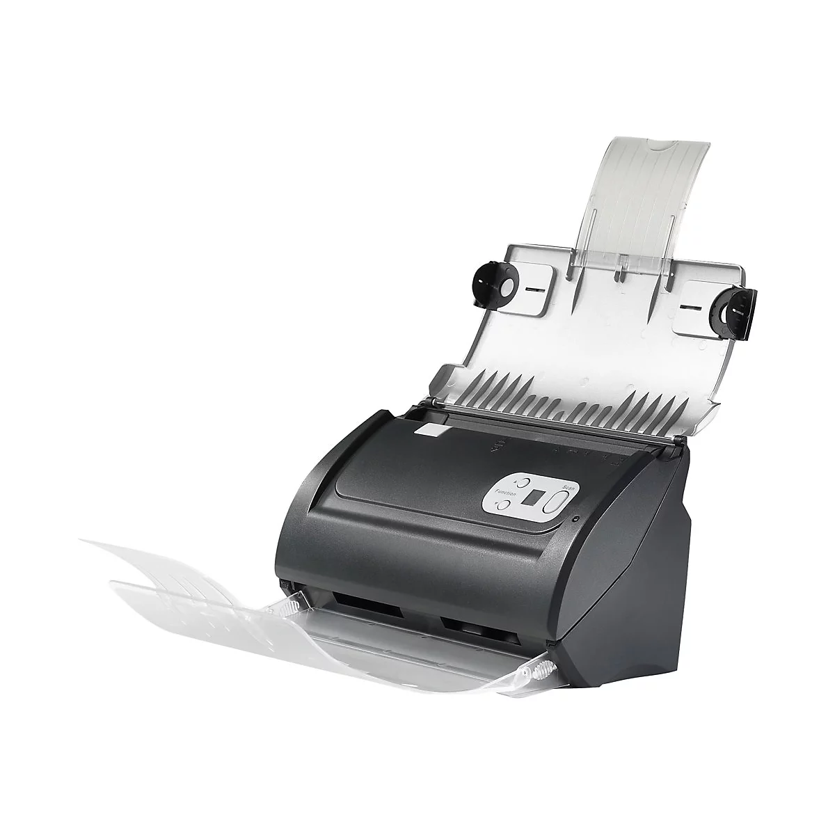 Ein grauer Scanner mit offenem Deckel. Das Papierausgabefach und die Papieraufnahme sind sichtbar.