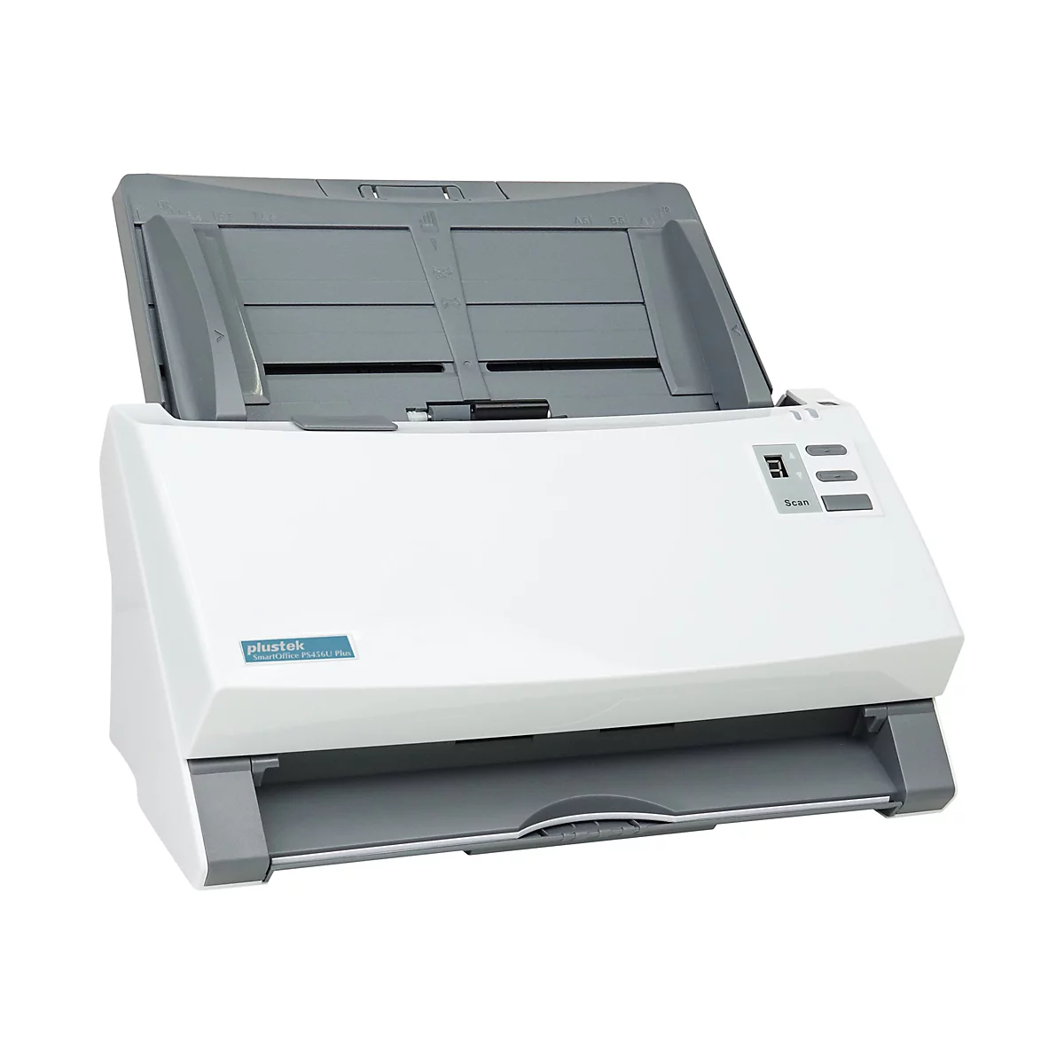 Weißer Flachbettscanner mit grauem Deckel und Bedienfeld mit Scan-Knopf. Rechts unten ist das Plus-Logo sichtbar.