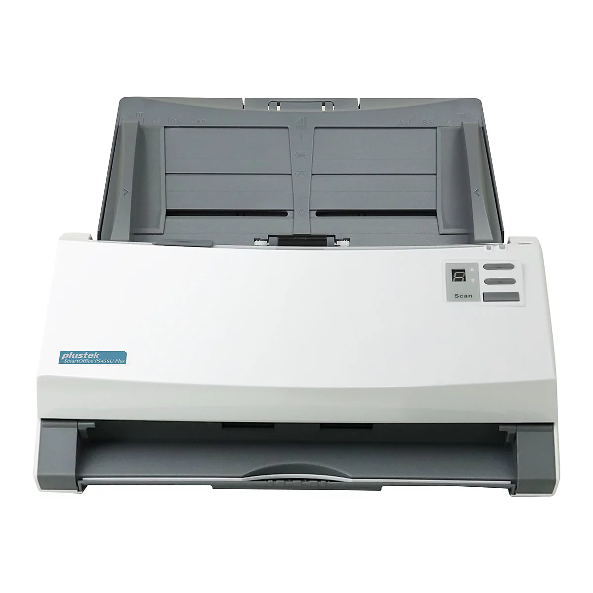 Ein weiÃŸer Scanner mit grauem Deckel, geÃ¶ffnet. Auf der Vorderseite befinden sich KnÃ¶pfe und das Logo.