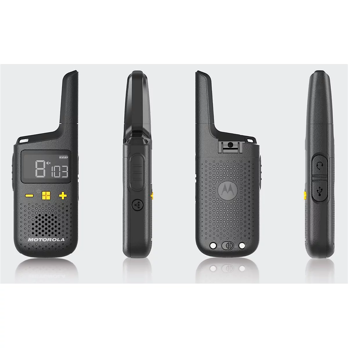 PMR-radioset Motorola XT185, 2-delig, vergunningsvrij, 2-weg communicatie, 16 kanalen, tot 8 km, tot 24 u, IP54, incl. accessoires, zwart-geel