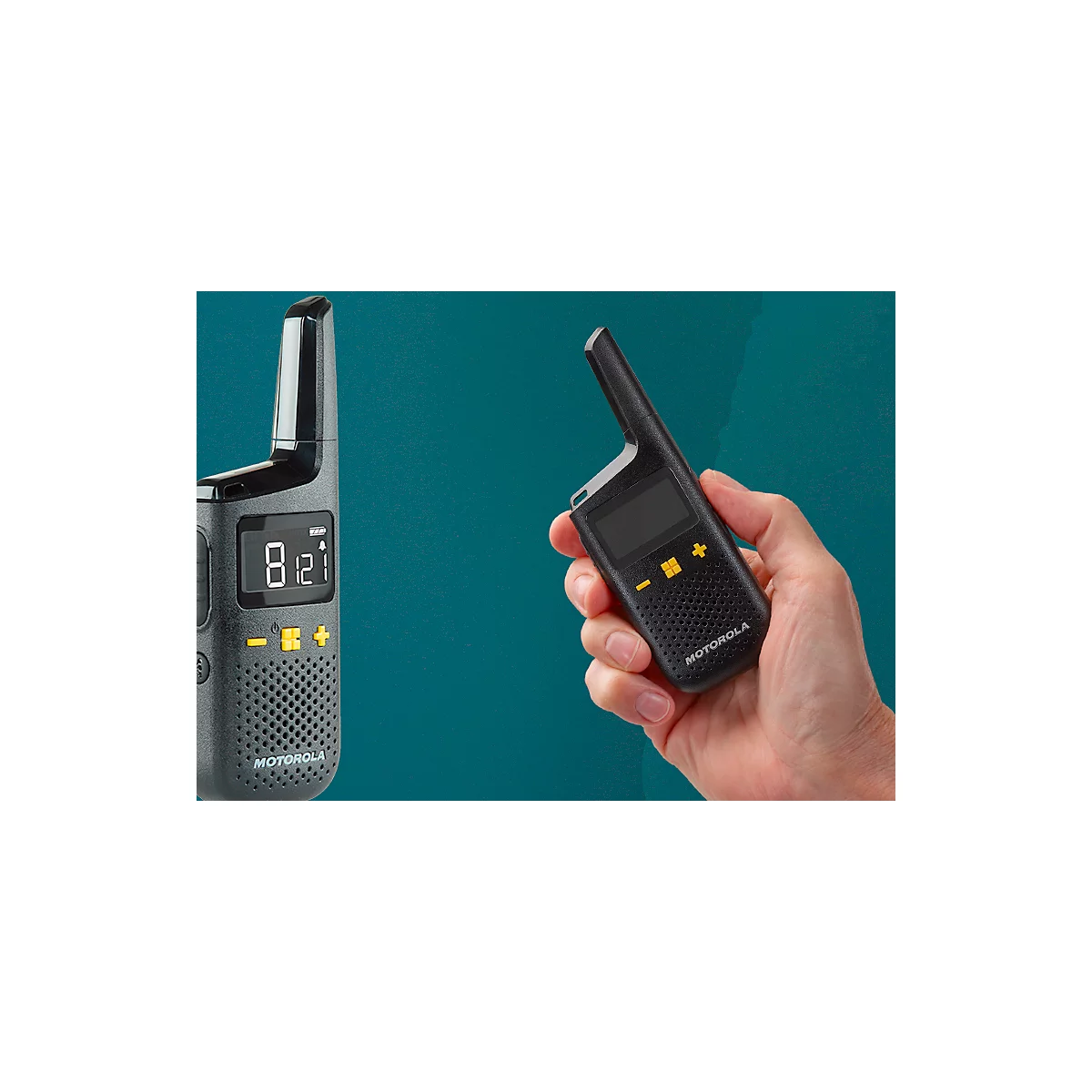 PMR-radioset Motorola XT185, 2-delig, vergunningsvrij, 2-weg communicatie, 16 kanalen, tot 8 km, tot 24 u, IP54, incl. accessoires, zwart-geel