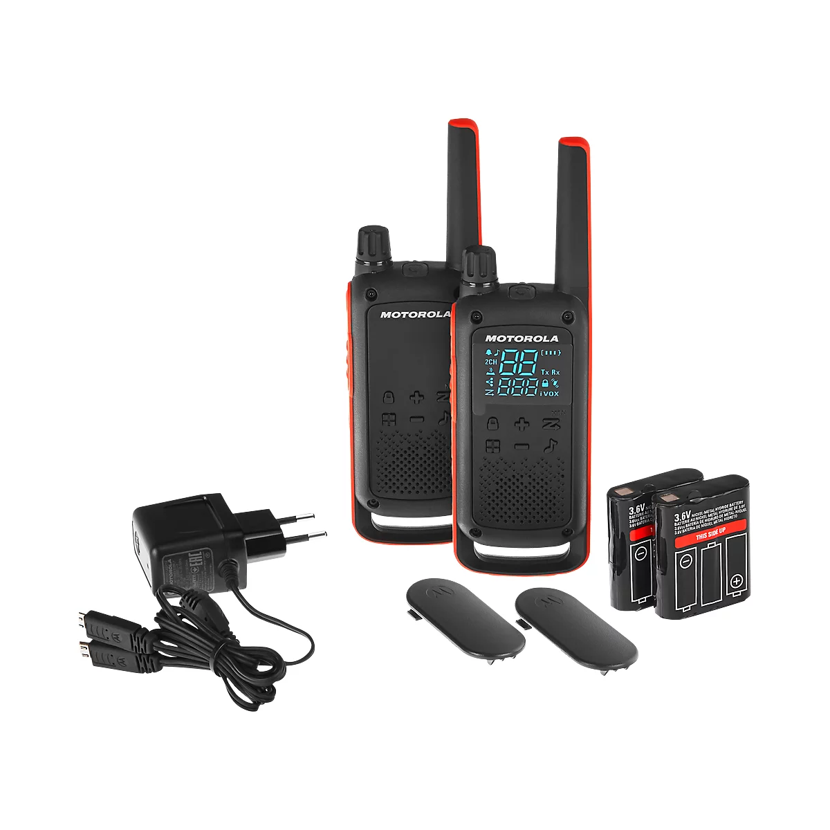 Two black radios with red trim, accessories such as charger, covers and batteries. The display shows a digital display.