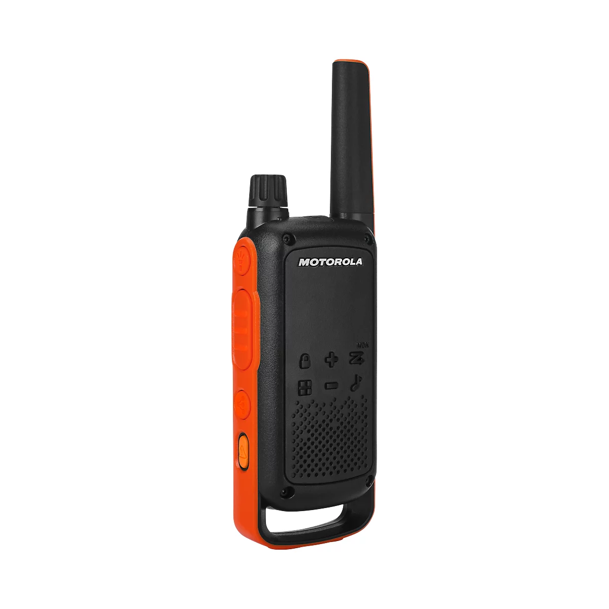 Black Motorola walkie-talkie with orange accents. It has an antenna, buttons, and the Motorola logo.