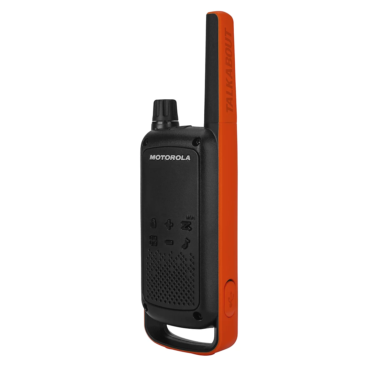 Black and orange walkie-talkie. Inscription: Motorola, Talkabout. Antenna and side elements in orange.