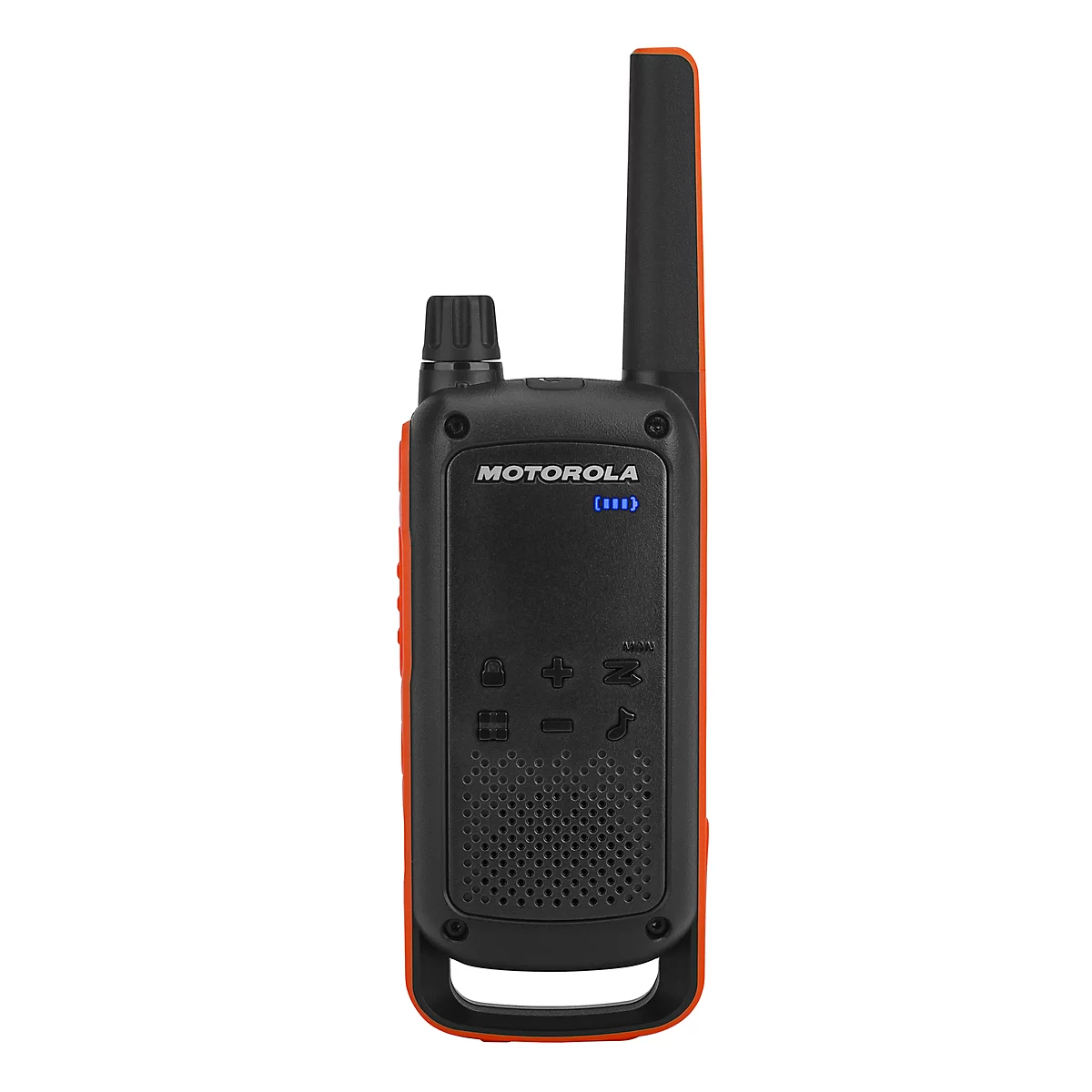 Black and orange walkie-talkie with Motorola logo and antenna.